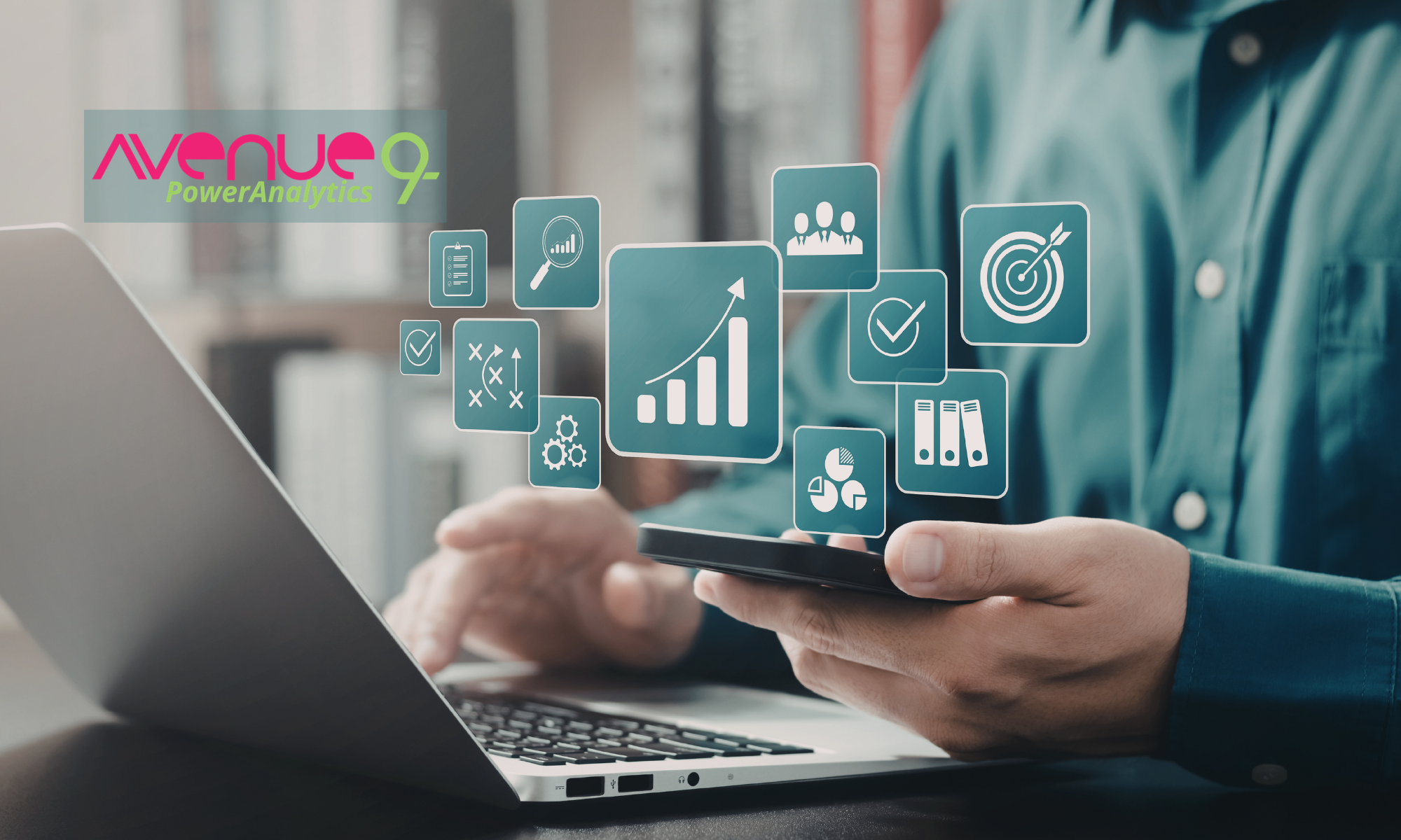 Image shows a user on laptop, accessing visualisations from PowerAnalytics